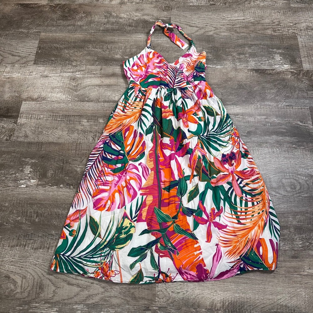 Mohito Tropical Floral Cotton Halter Midi Dress Multicolor Summer Vacation 36
